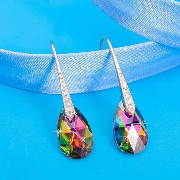 14K Yellow Gold with Vitrail Medium Austrian Crystal Teardrop Drop Hook Earrings